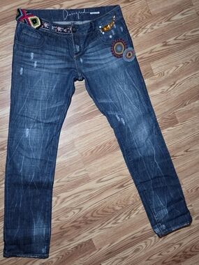 Desigual  Straight Leg Jeans with Colorful Embroidered Accents See Measurements